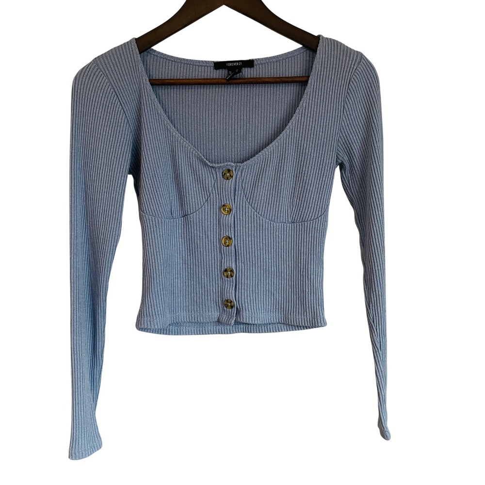 Womens Y2K Fairy Babydoll Ribbed Knit Button Front Cropped Top S Ethereal Blue